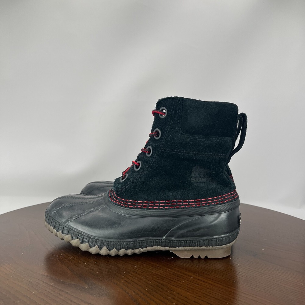 Sorel Cheyanne II‎ Youth Girls Boots 4 Black Red Suede Waterproof Duck Shoes